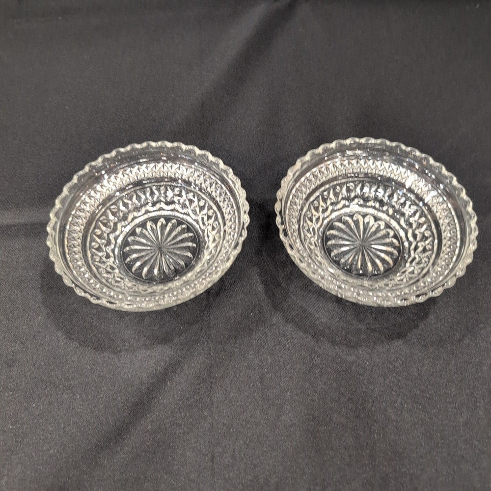Vintage Clear Pressed Glass Bowls Diamond Point Sunburst Scalloped Rim Set of 2 - Picture 2 of 5